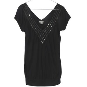 Studio Y Black V Neck Short Sleeve Embellished Tunic Top Women's Size Medium